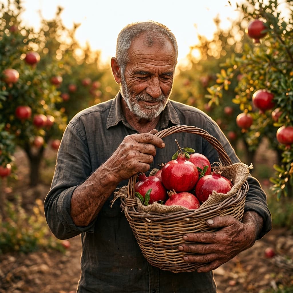 Farmer holding pomegranate harvest